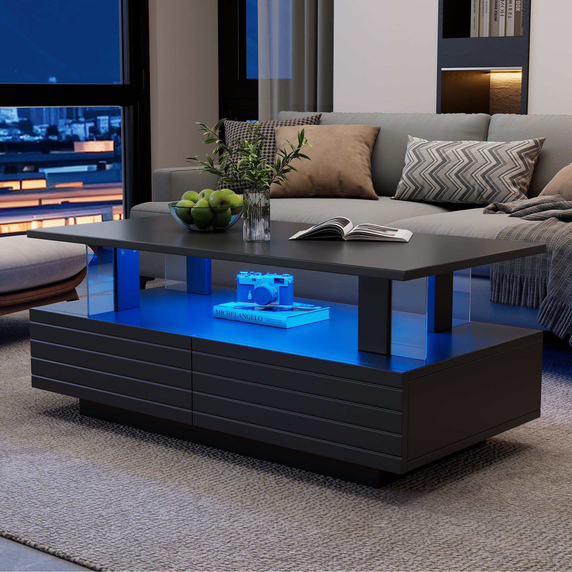 Coffee Table With Open Storage, Centre Table, Sofa Side Table With 2drawers, Rectangle Coffee End Table With LED For Living Room, Office, 100x50x42.5cm, Black,Particleboard  Acrylic