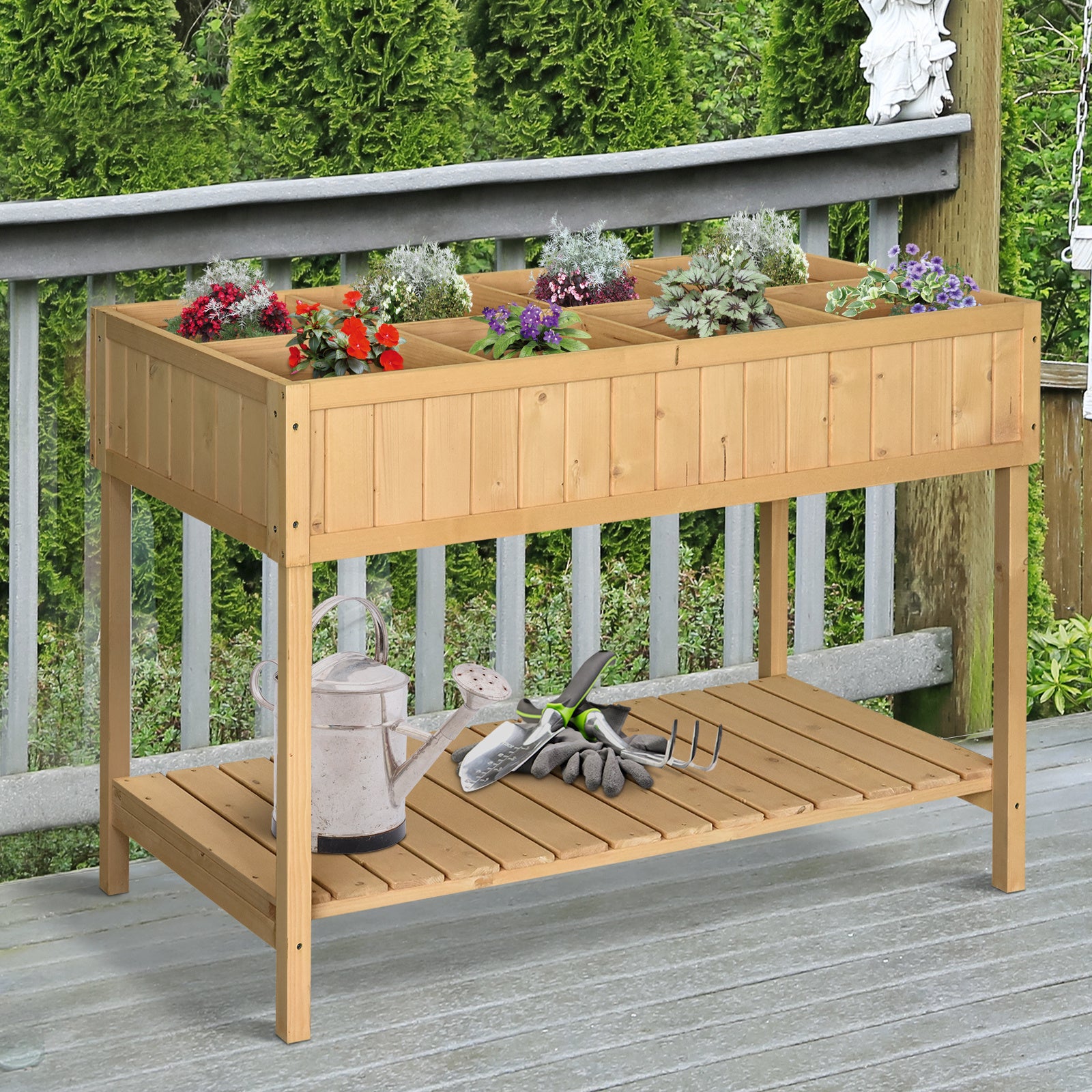 Outsunny Garden Wooden Planters, Rectangular 8 Compartment Plant Stand, Oak Tone
