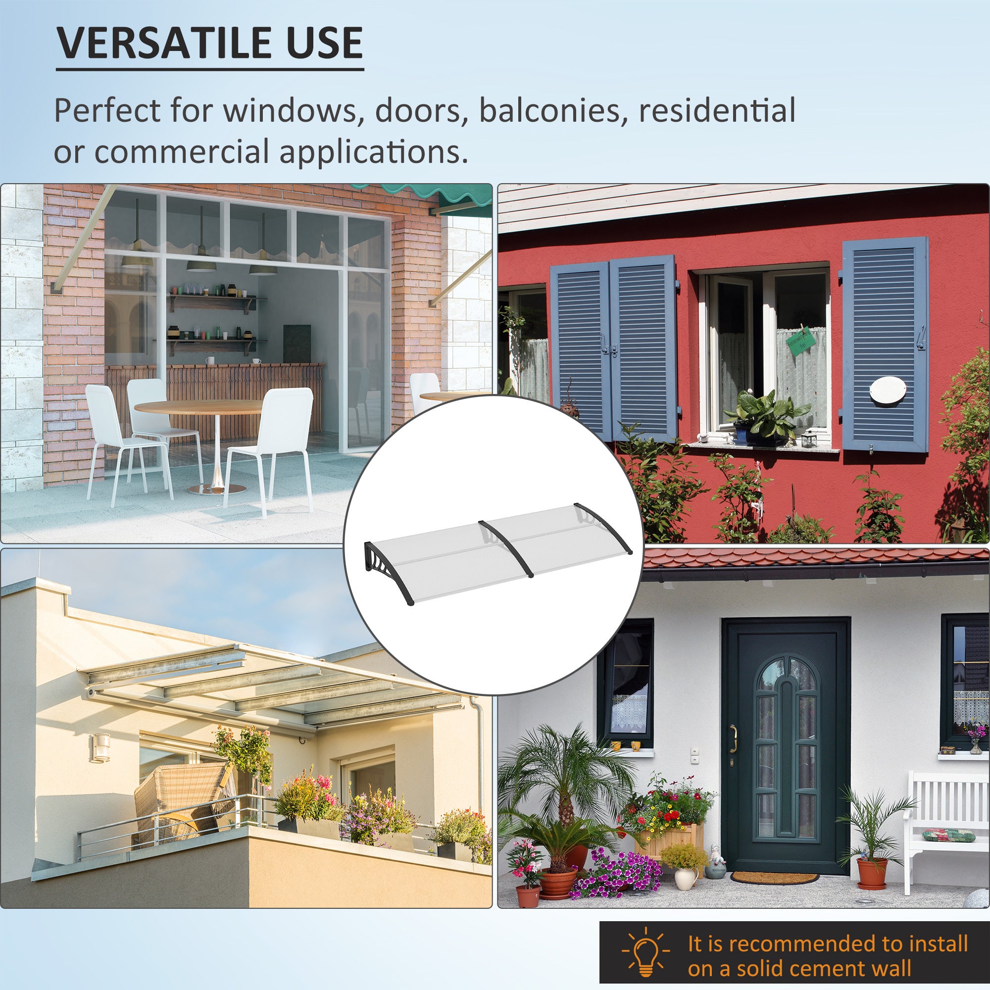 Outsunny Front Door Canopy Outdoor Awning Aluminium Rigid Plastic Polycarbonate Rain Shelter UV Water Rain Resistant 75 X 195 Cm White