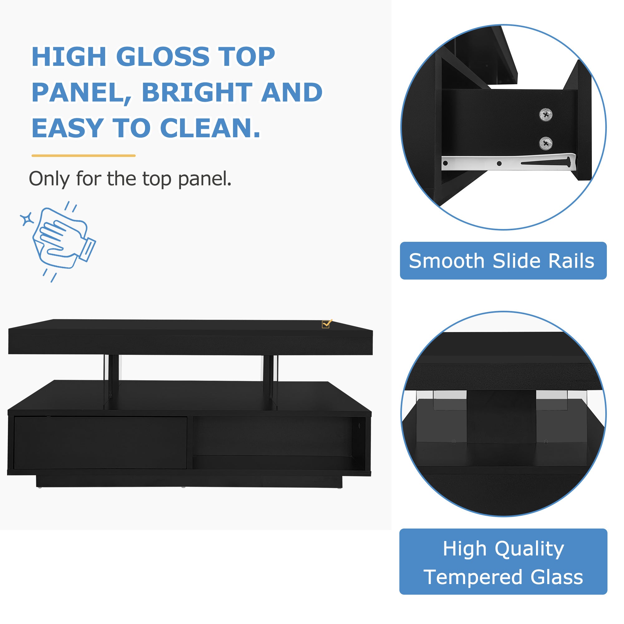 High Gloss Coffee Table Tea Side End Table With LED Lights, Rectangle Console Centre Wooden Sideboard For Living Room Black, 95x50x42.5cm