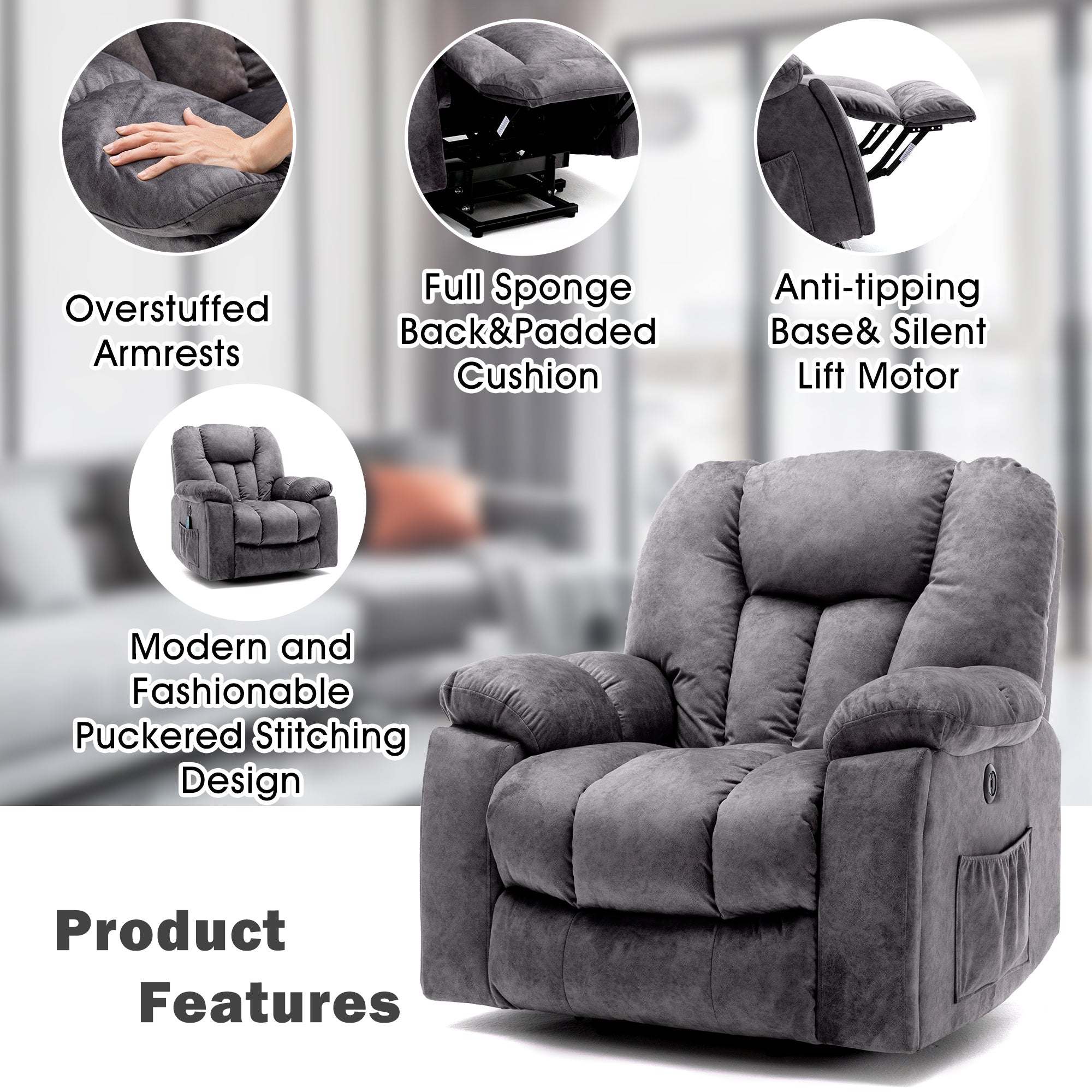 Pictures Change Power Massage Lift Recliner Chair With Heat  Vibration For Elderly, Heavy Duty And Safety Motion Reclining Mechanism - Antiskid Fabric Sofa Contempoary Overstuffed Design