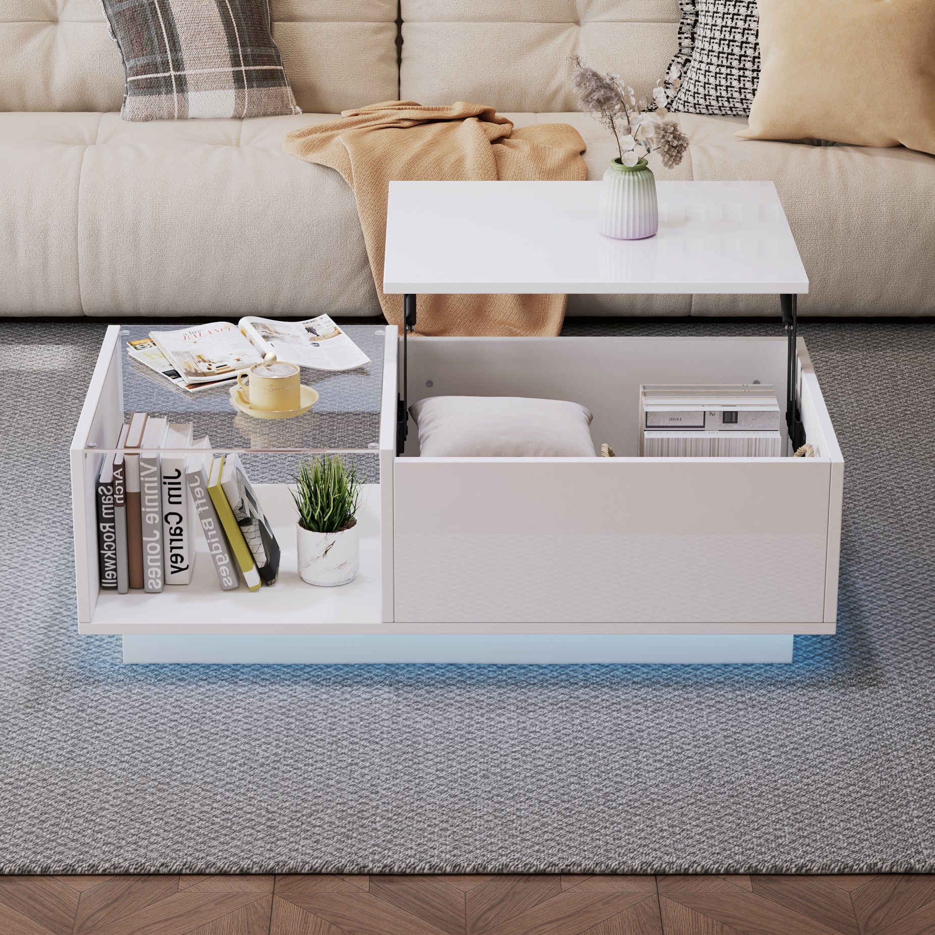 Lift Up Coffee Table Hidden Storage, High Gloss Centre Table With LED, Lifting Sofa Side Table, Space-saving End Table For Living Room Bedroom, Reception, Tea Table, 100x50x33cm, White,MDF Glass