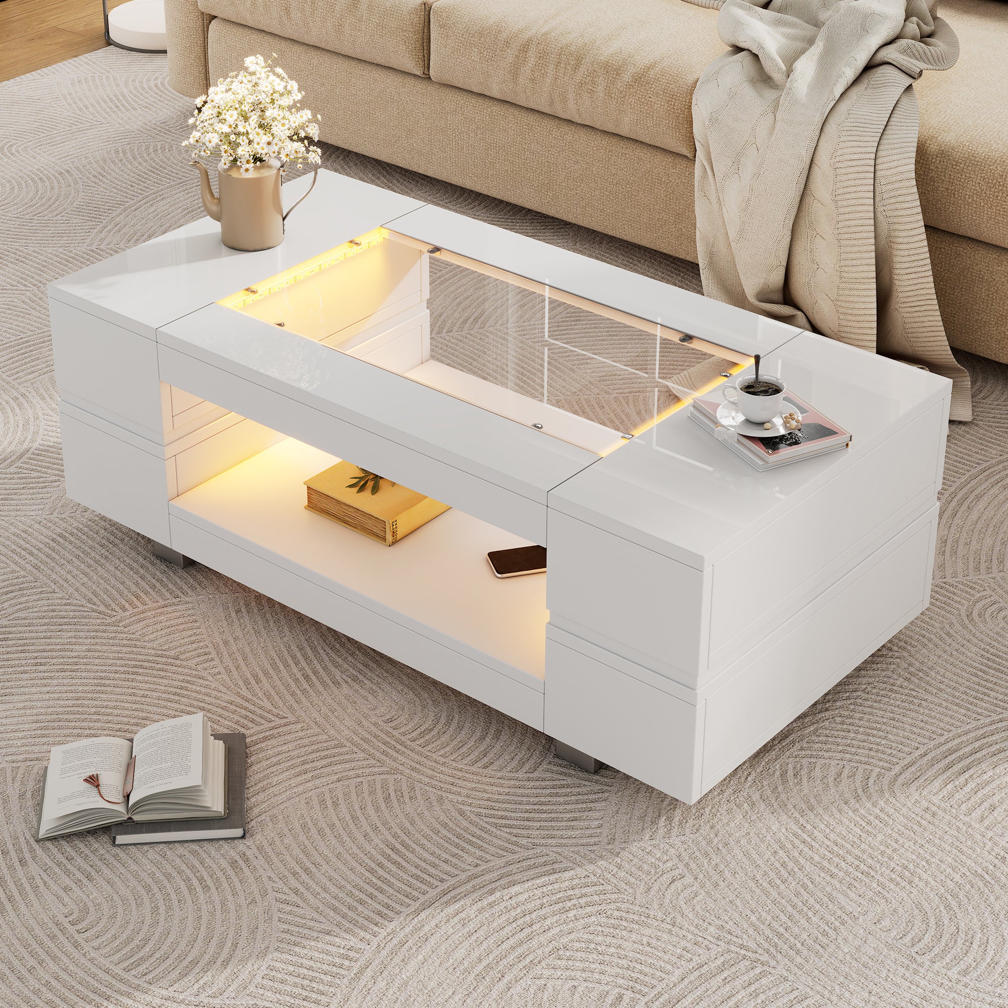 Hollow Coffee Table With Open Storage, Centre Table, Sofa Side Table With LED, High Gloss End Table With Glass Tabletop, Living Room, Office, Apartment100x50x35cm, White, MDF Glass