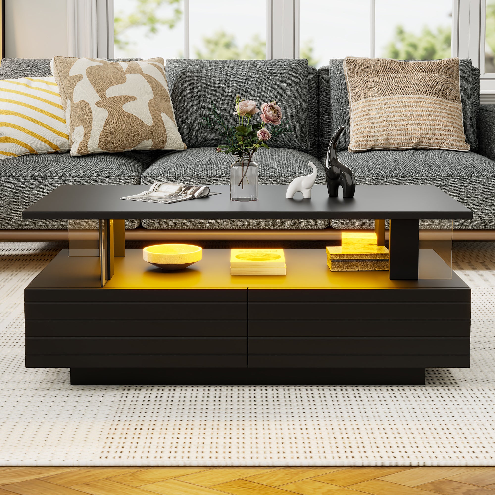 Coffee Table With Open Storage, Centre Table, Sofa Side Table With 2drawers, Rectangle Coffee End Table With LED For Living Room, Office, 100x50x42.5cm, Black,Particleboard  Acrylic