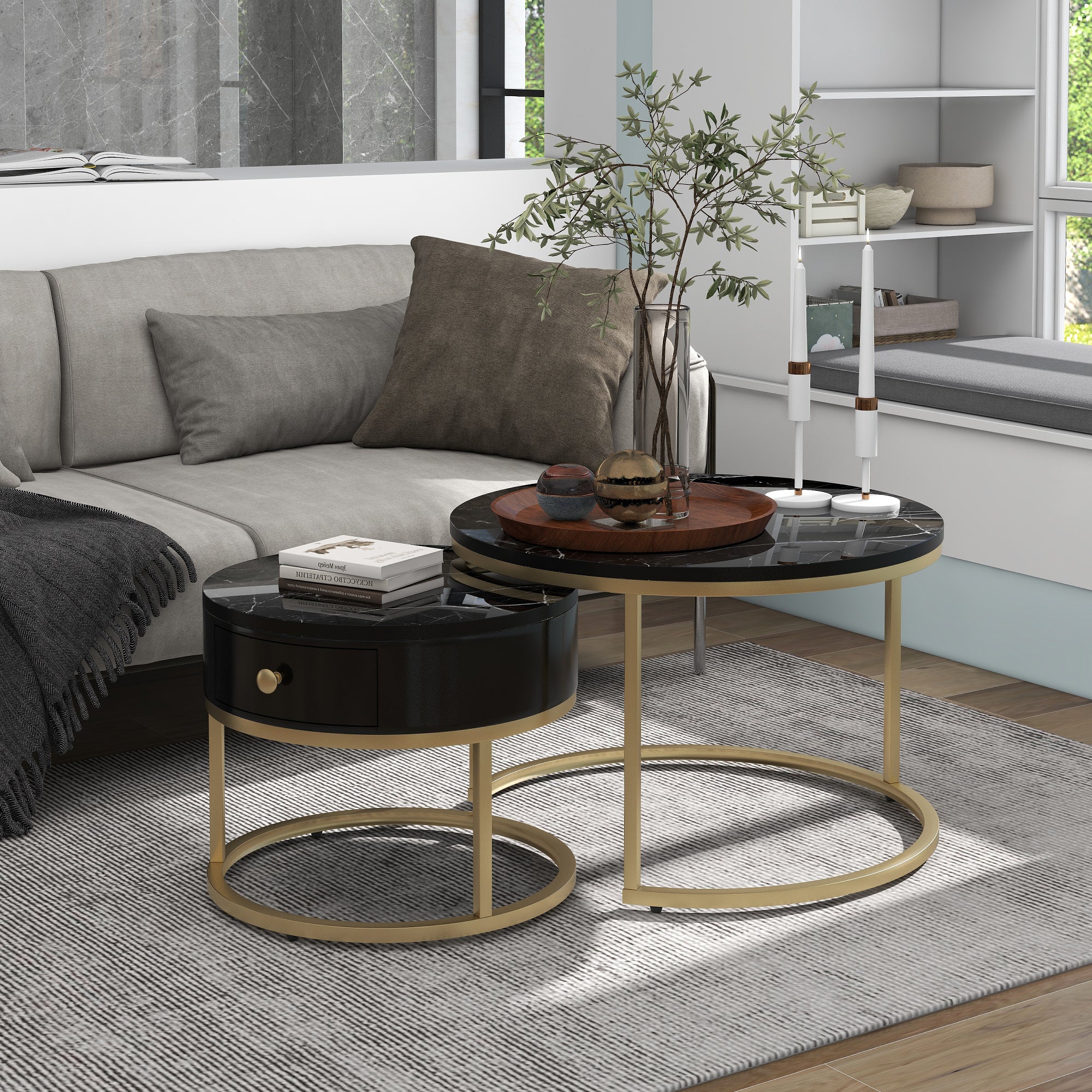 Round Coffee Tables With Drawer, Removable Set Of 2 End Table, Nesting Tables With Storage Gold Metal Frame Legs And Marble Pattern -non-rock Slab-Top For Living Room, Bedroom, Office, Balcony