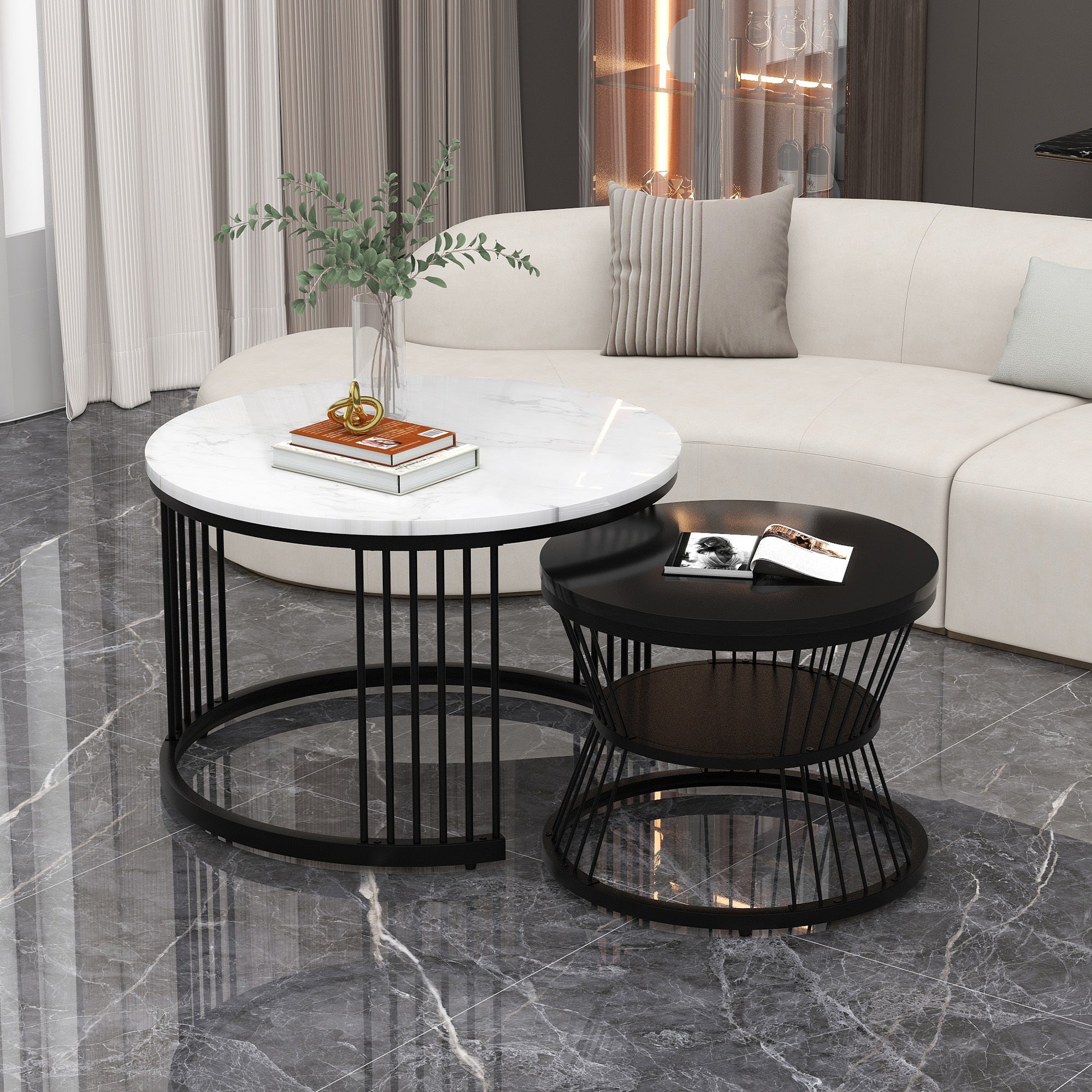 Modern Nesting Coffee Table, Coffee Table Set Marble Veneer Sofa Side Nest Of Tables Round End Tables, Set Of 2, Black Color Frame