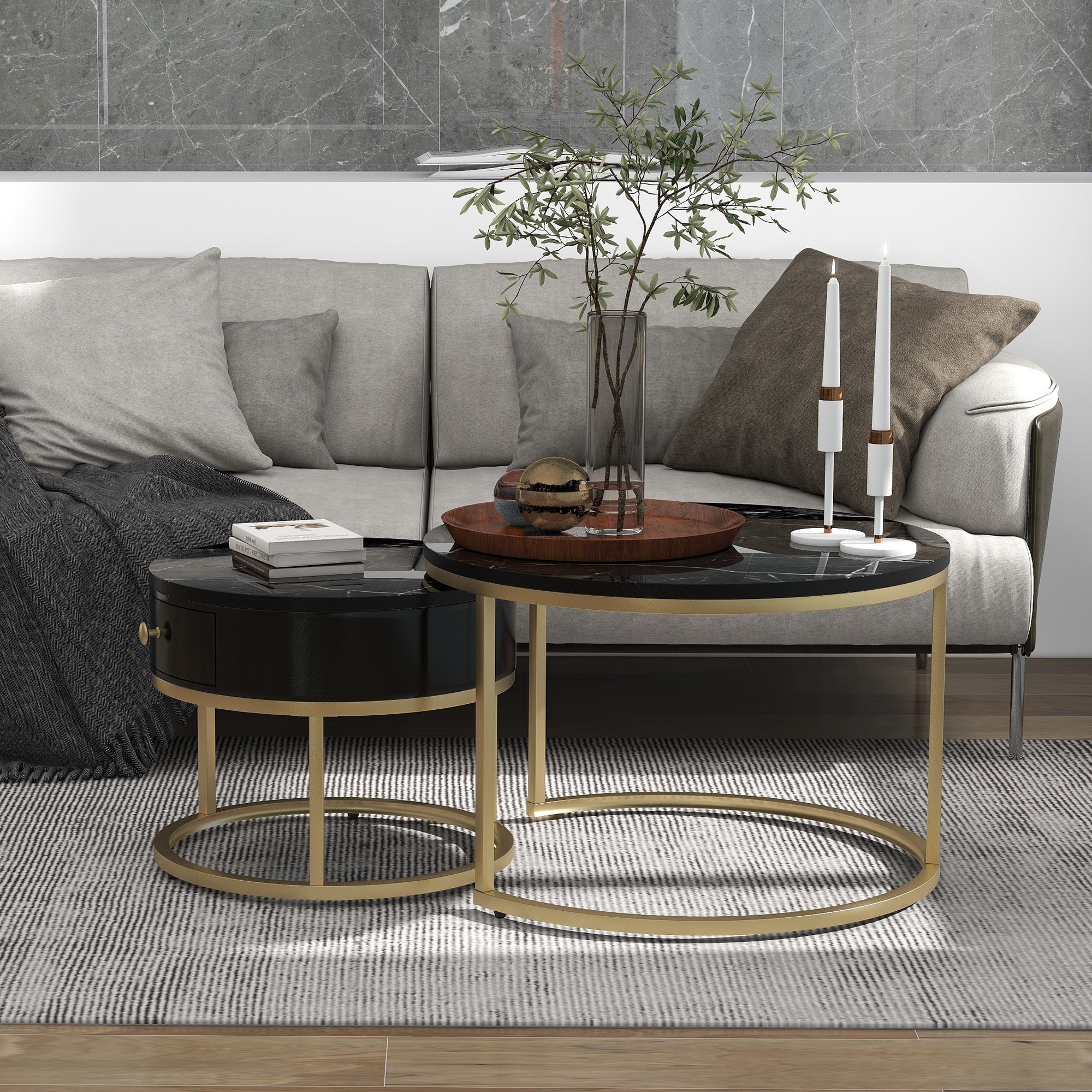 Round Coffee Tables With Drawer, Removable Set Of 2 End Table, Nesting Tables With Storage Gold Metal Frame Legs And Marble Pattern -non-rock Slab-Top For Living Room, Bedroom, Office, Balcony