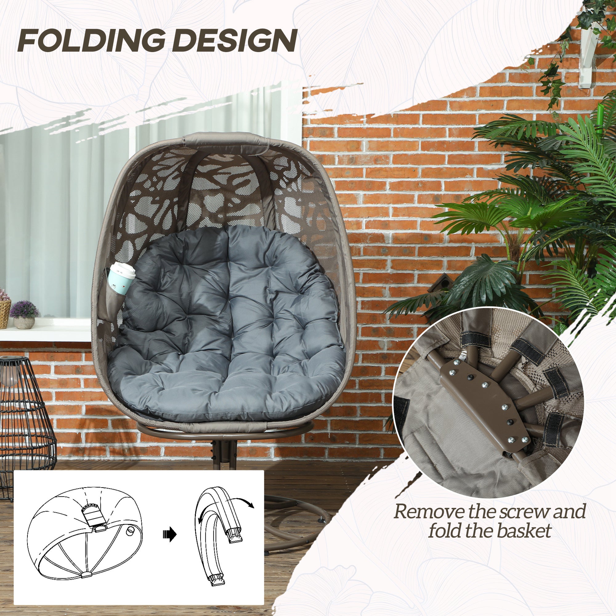 Outsunny Swivel Egg Chair With Cushions, Foldable Basket Seat And Metal Frame, Indoor Outdoor Lounge Chair For Balcony, Patio And Living Room, Grey