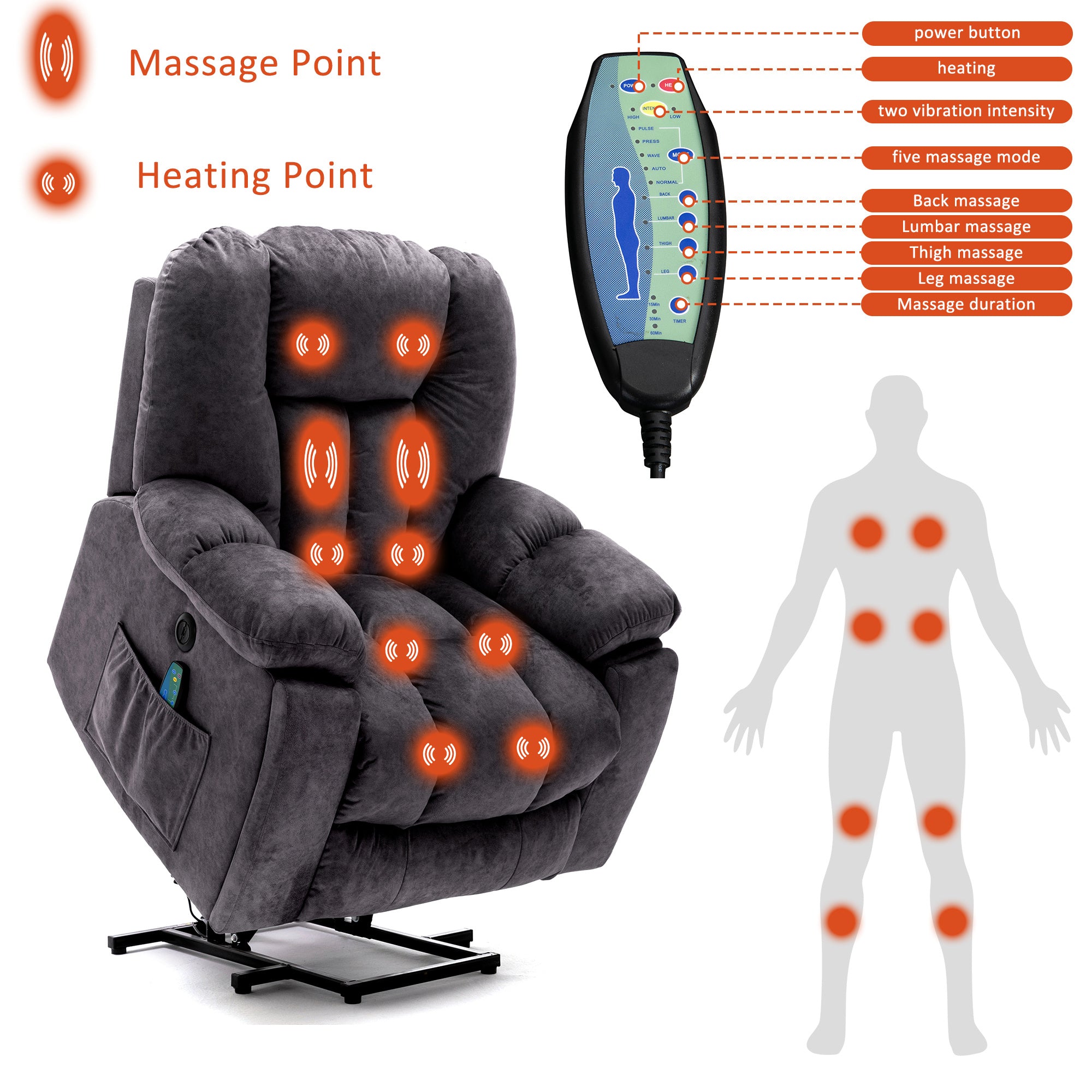 Pictures Change Power Massage Lift Recliner Chair With Heat  Vibration For Elderly, Heavy Duty And Safety Motion Reclining Mechanism - Antiskid Fabric Sofa Contempoary Overstuffed Design