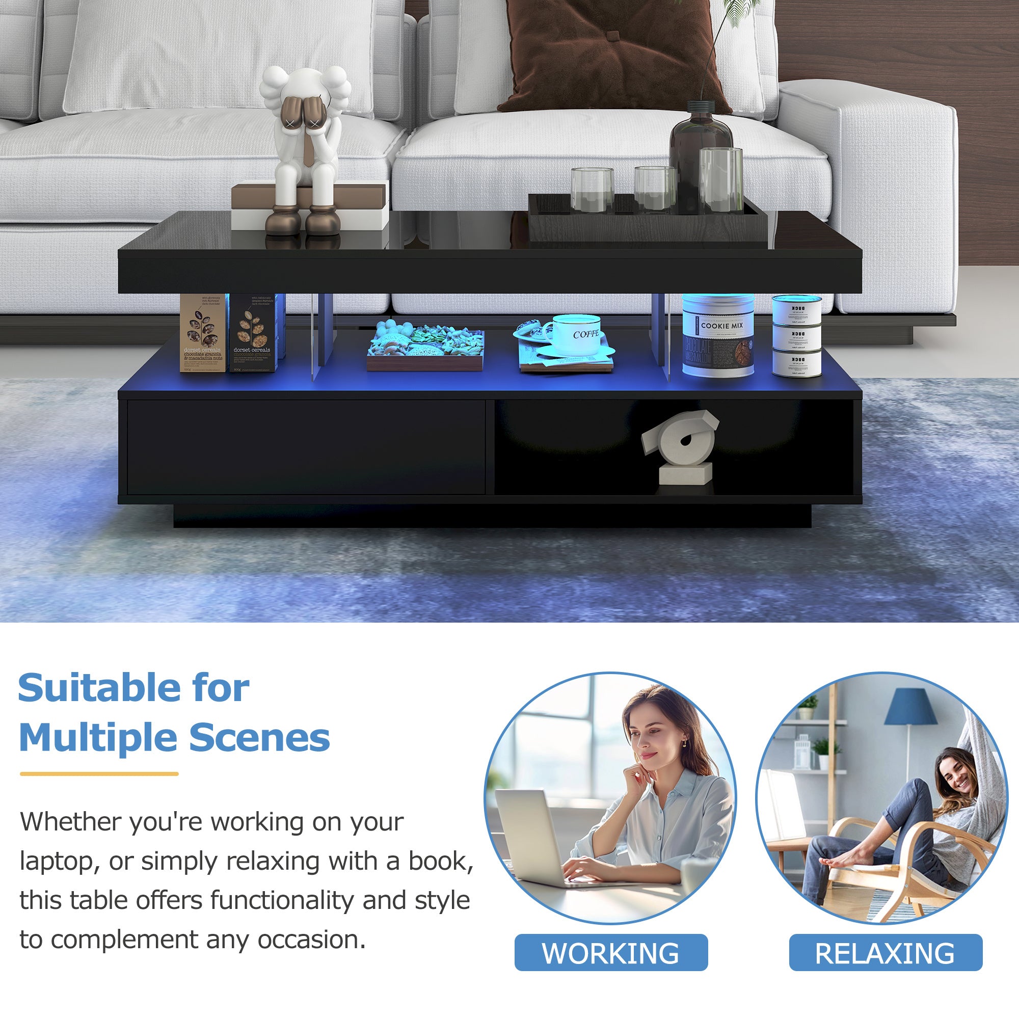 High Gloss Coffee Table Tea Side End Table With LED Lights, Rectangle Console Centre Wooden Sideboard For Living Room Black, 95x50x42.5cm