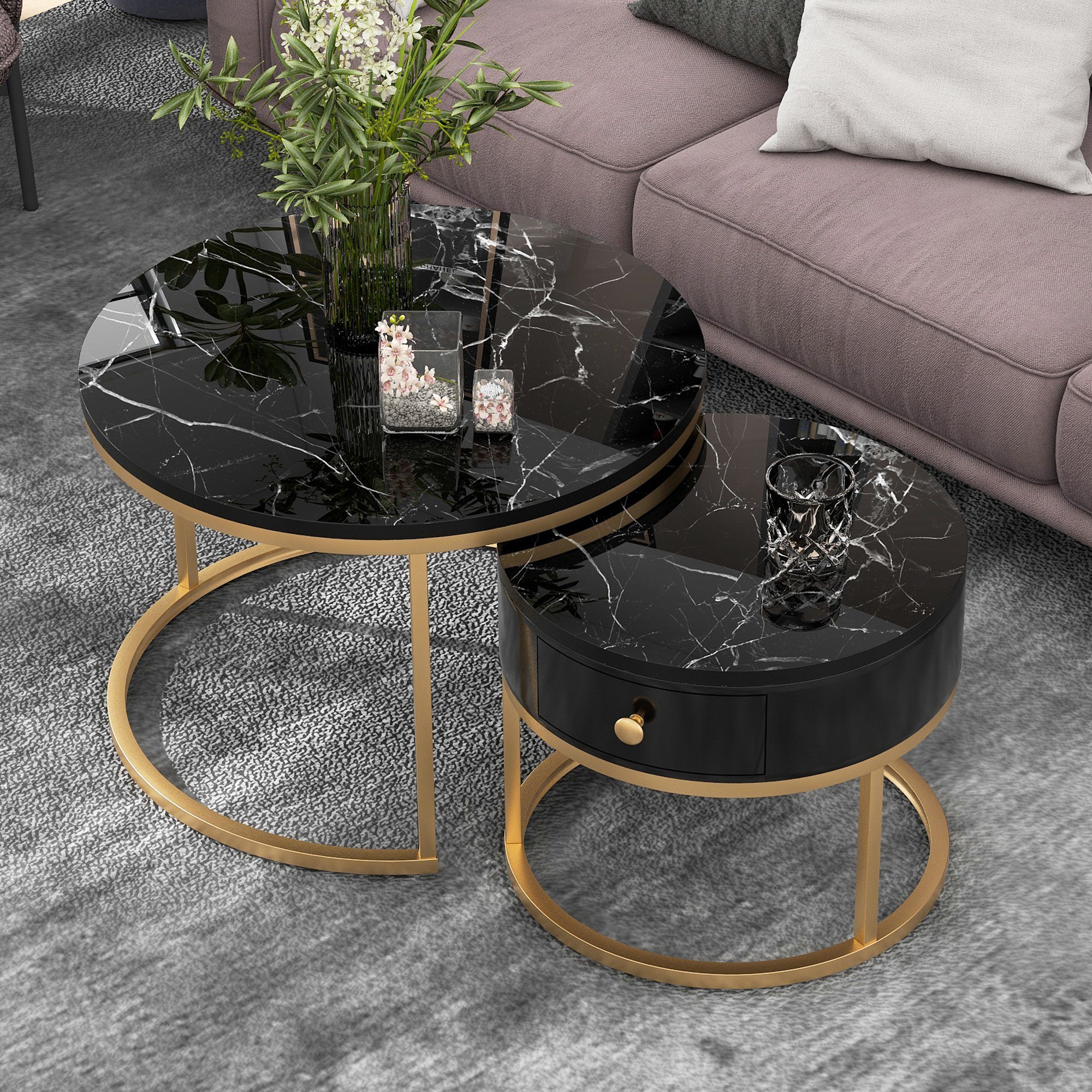 Round Coffee Tables With Drawer, Removable Set Of 2 End Table, Nesting Tables With Storage Gold Metal Frame Legs And Marble Pattern -non-rock Slab-Top For Living Room, Bedroom, Office, Balcony