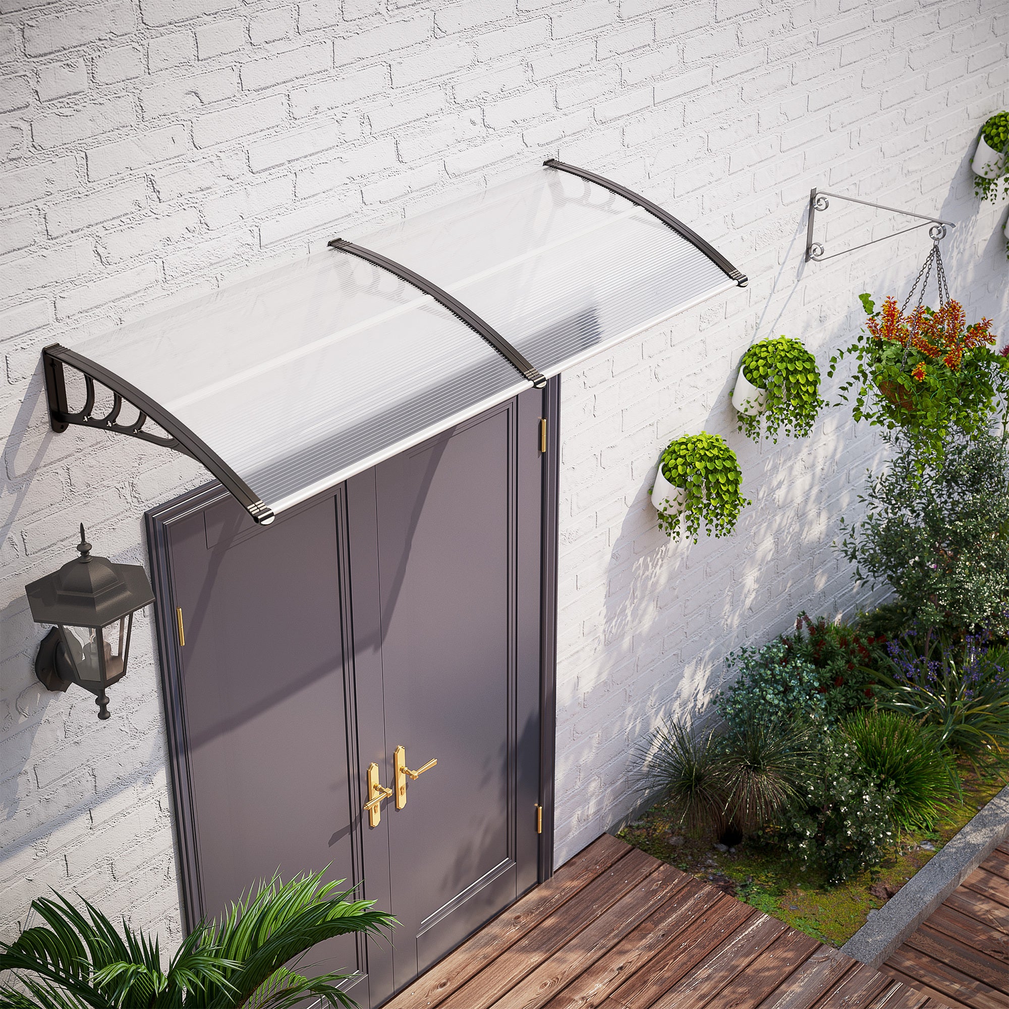 Outsunny Front Door Canopy Outdoor Awning Aluminium Rigid Plastic Polycarbonate Rain Shelter UV Water Rain Resistant 75 X 195 Cm White