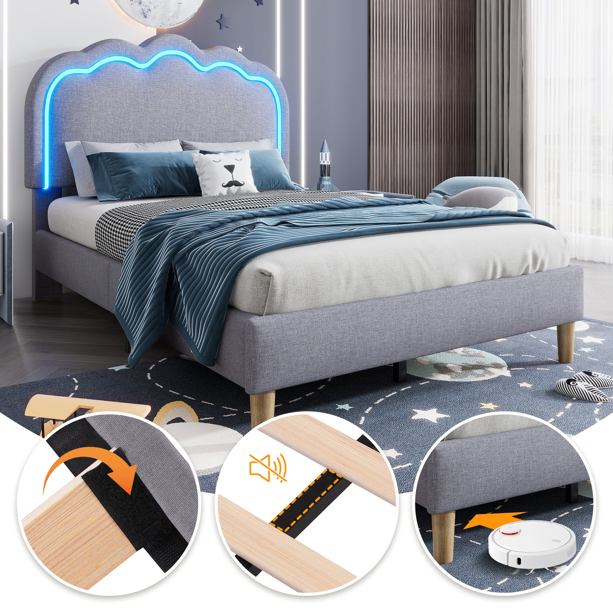 Upholstered Bed, 3ft 90x190cm Single Bed With LED, Bed Frame With Wooden Slats And Adjustable Height Headboard, Teen Bed For Bedroom And Guest Room, Grey, Linen Material, Without Mattress.