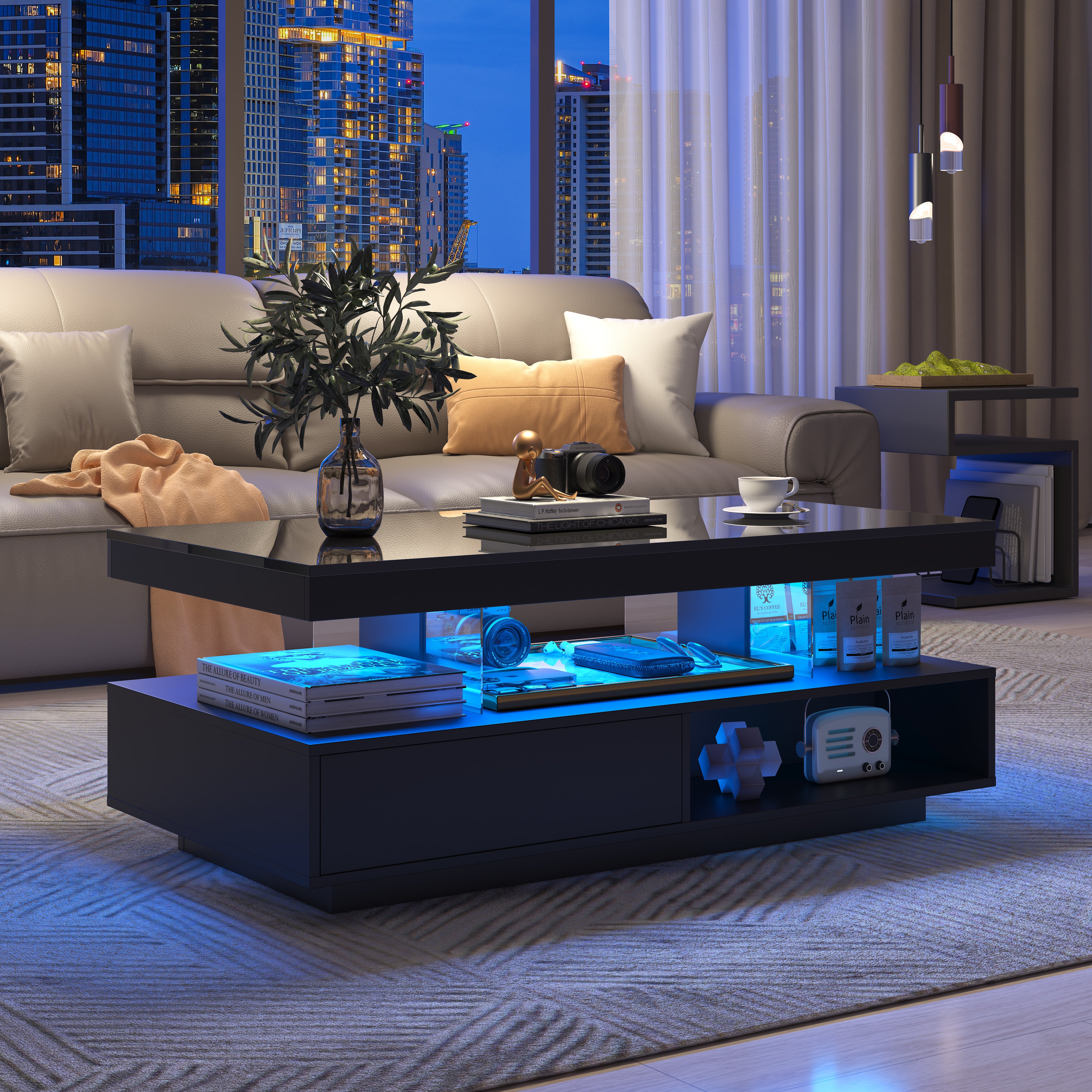 High Gloss Coffee Table Tea Side End Table With LED Lights, Rectangle Console Centre Wooden Sideboard For Living Room Black, 95x50x42.5cm