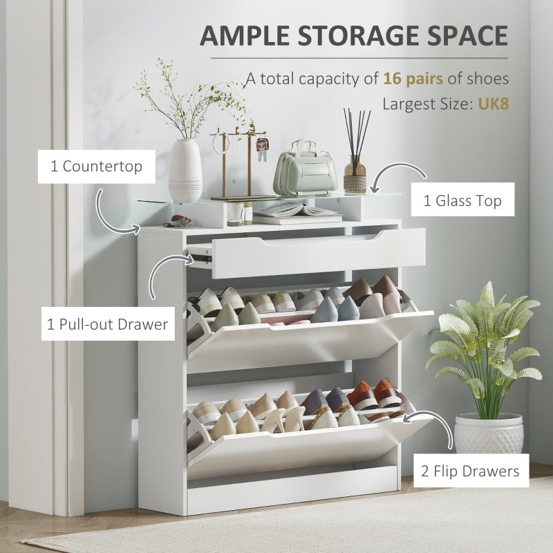 HOMCOM Shoe Storage Cabinet, Shoe Cupboard With Slide Out Drawer, 2 Flip Doors, Tempered Glass Top And Adjustable Shelves For 16 Pairs Of Shoes, White