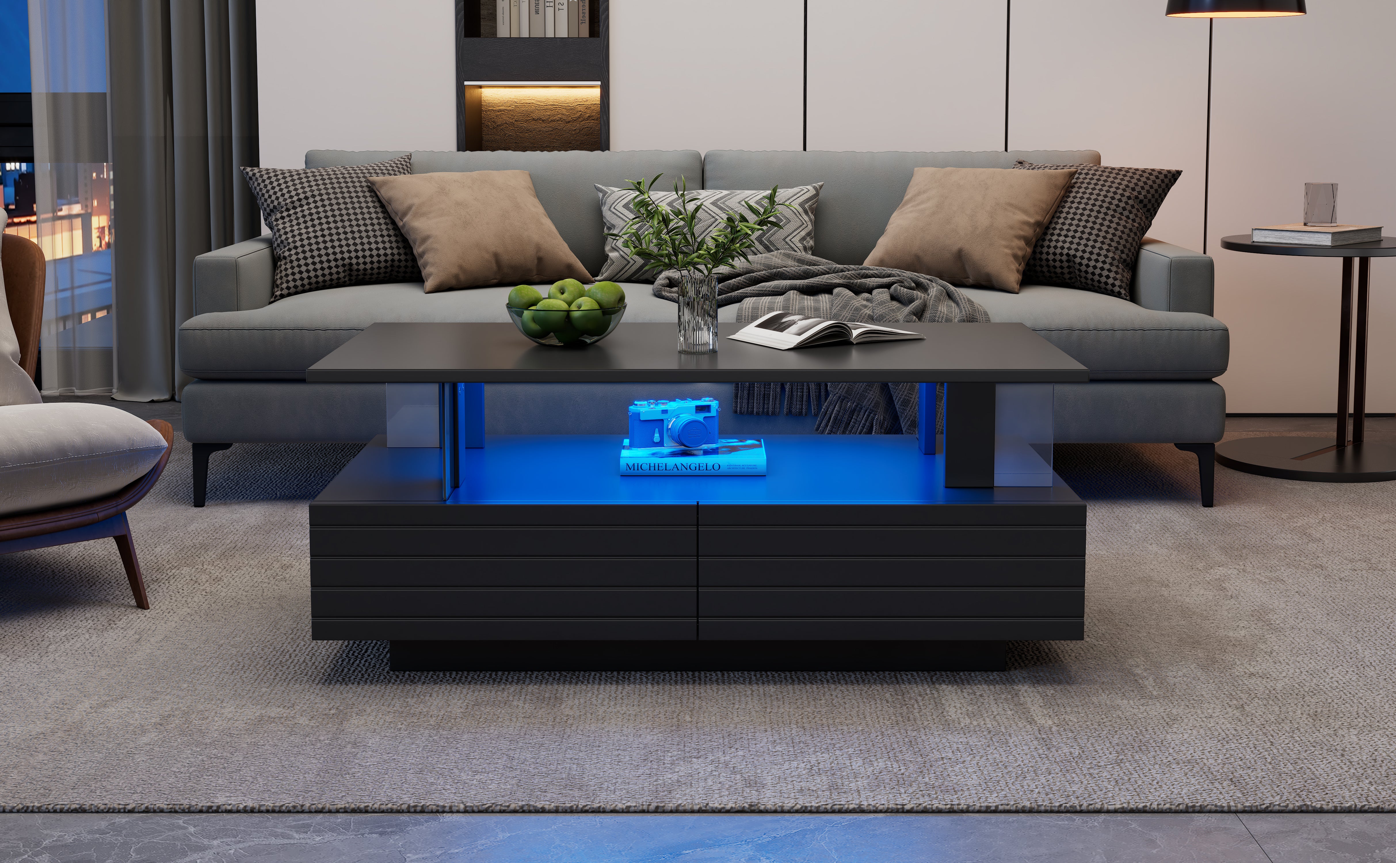 Coffee Table With Open Storage, Centre Table, Sofa Side Table With 2drawers, Rectangle Coffee End Table With LED For Living Room, Office, 100x50x42.5cm, Black,Particleboard  Acrylic