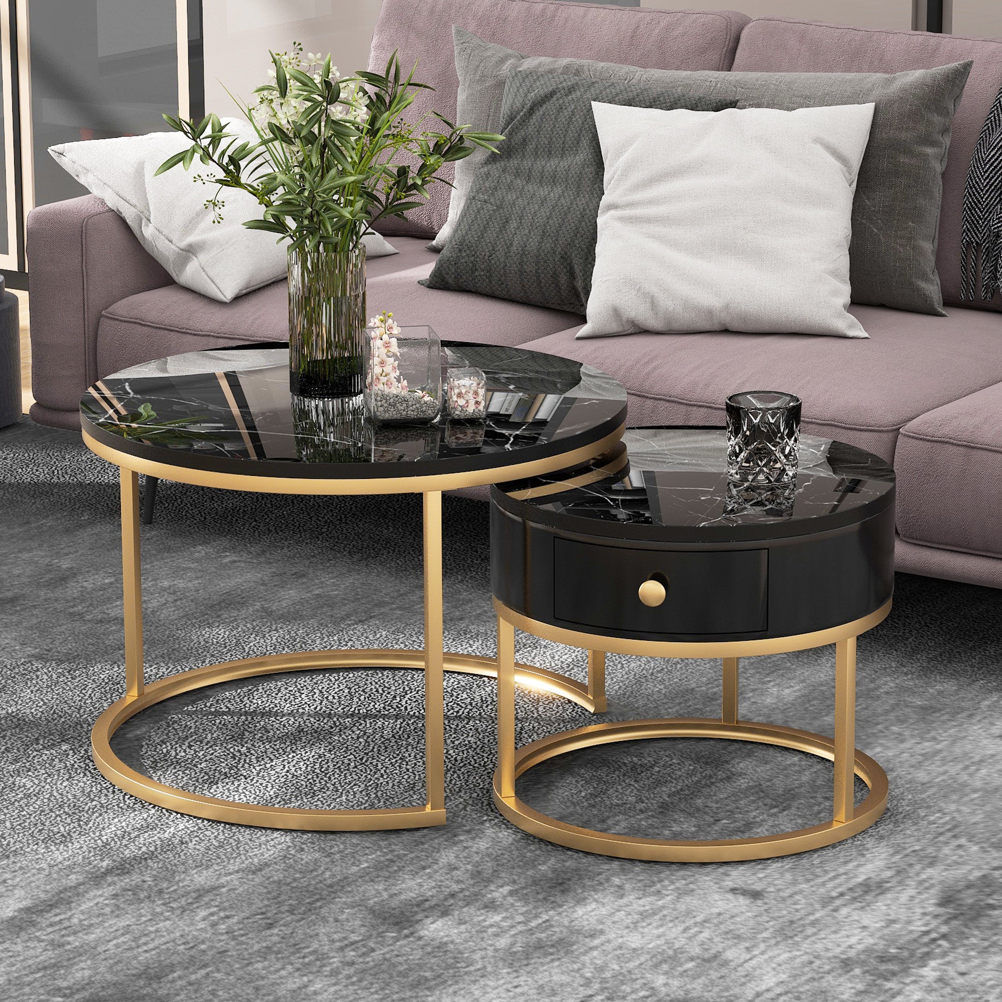 Round Coffee Tables With Drawer, Removable Set Of 2 End Table, Nesting Tables With Storage Gold Metal Frame Legs And Marble Pattern -non-rock Slab-Top For Living Room, Bedroom, Office, Balcony