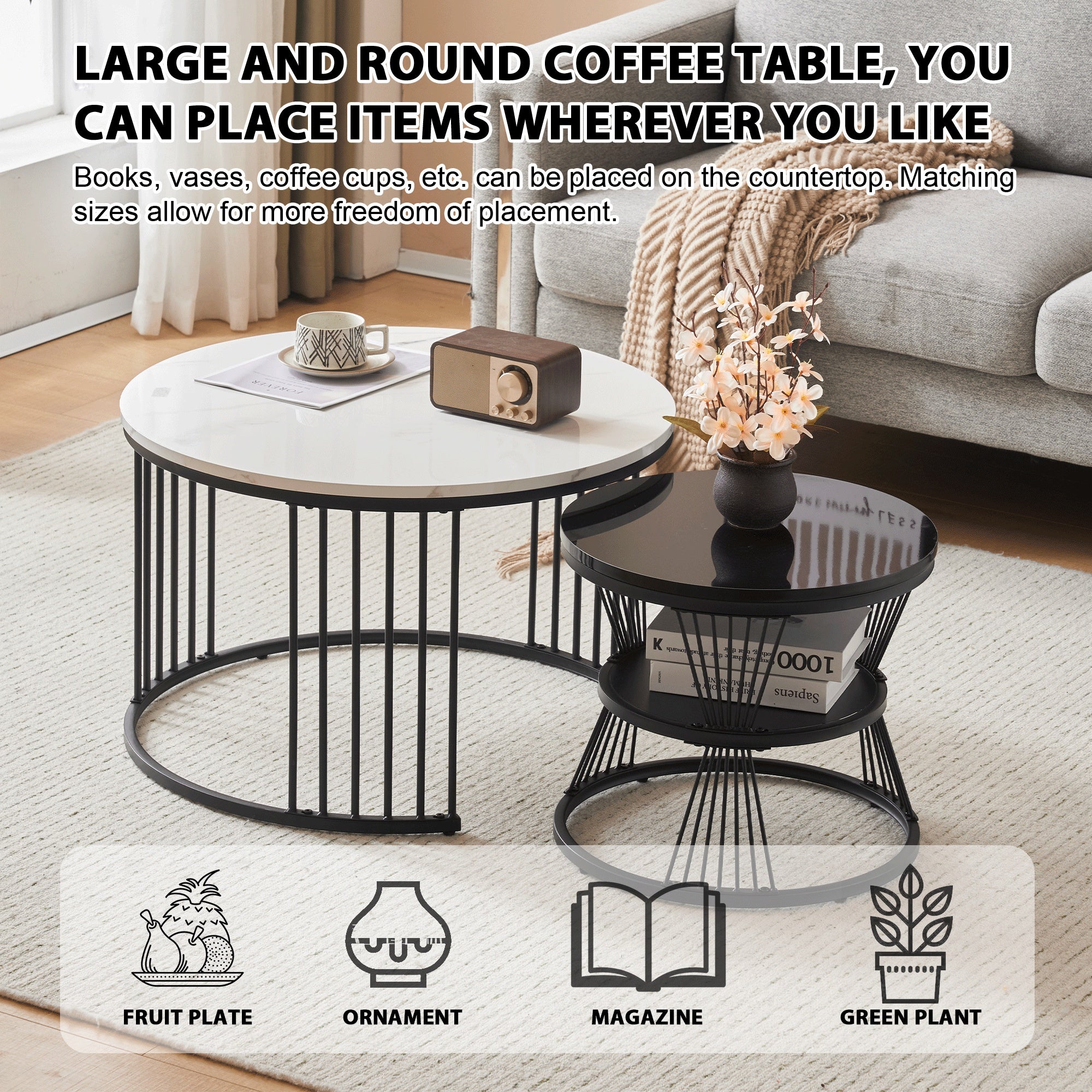 Modern Nesting Coffee Table, Coffee Table Set Marble Veneer Sofa Side Nest Of Tables Round End Tables, Set Of 2, Black Color Frame