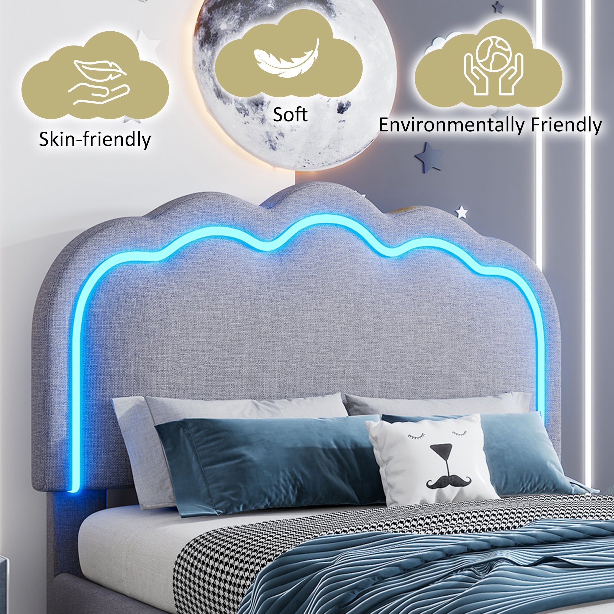 Upholstered Bed, 3ft 90x190cm Single Bed With LED, Bed Frame With Wooden Slats And Adjustable Height Headboard, Teen Bed For Bedroom And Guest Room, Grey, Linen Material, Without Mattress.