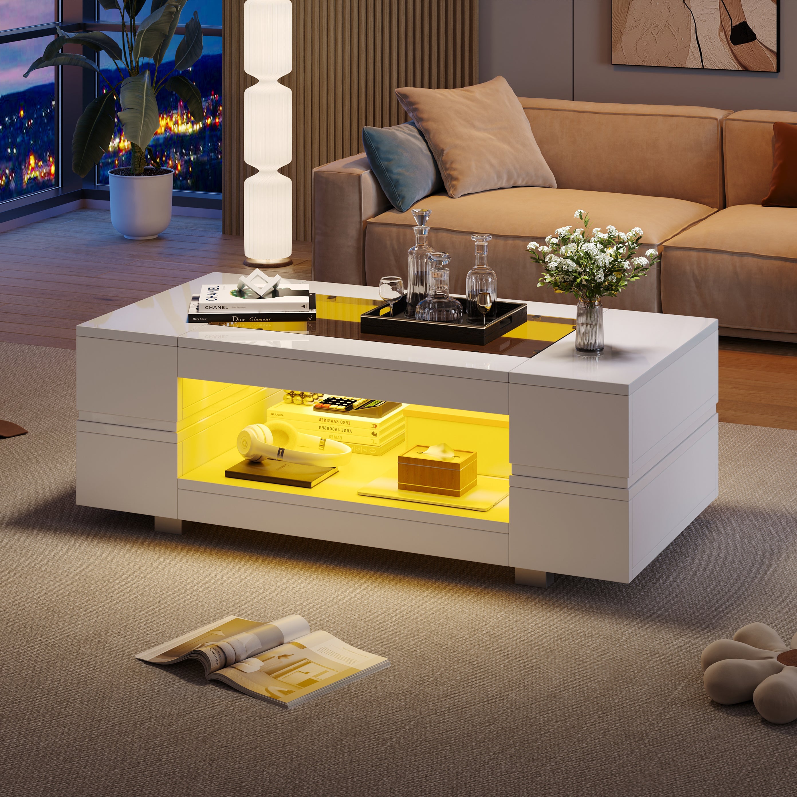 Hollow Coffee Table With Open Storage, Centre Table, Sofa Side Table With LED, High Gloss End Table With Glass Tabletop, Living Room, Office, Apartment100x50x35cm, White, MDF Glass
