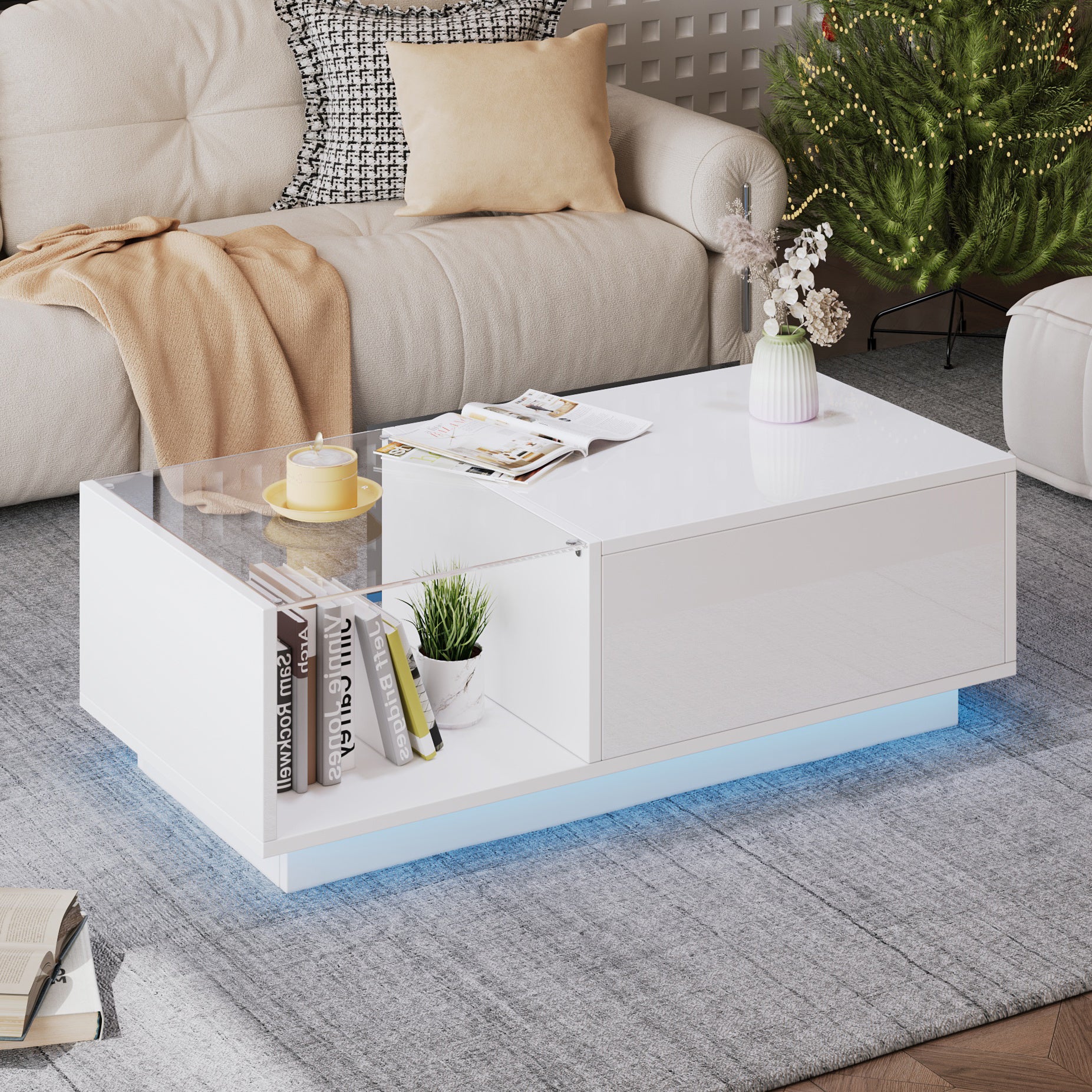 Lift Up Coffee Table Hidden Storage, High Gloss Centre Table With LED, Lifting Sofa Side Table, Space-saving End Table For Living Room Bedroom, Reception, Tea Table, 100x50x33cm, White,MDF Glass