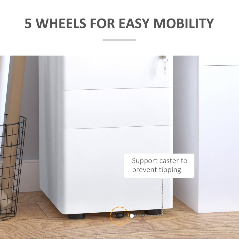 Vinsetto Lockable Cabinet, Rolling Filing Cabinet With 3 Drawers, Steel Office Drawer Unit For A4, Letter, Legal Sized Files