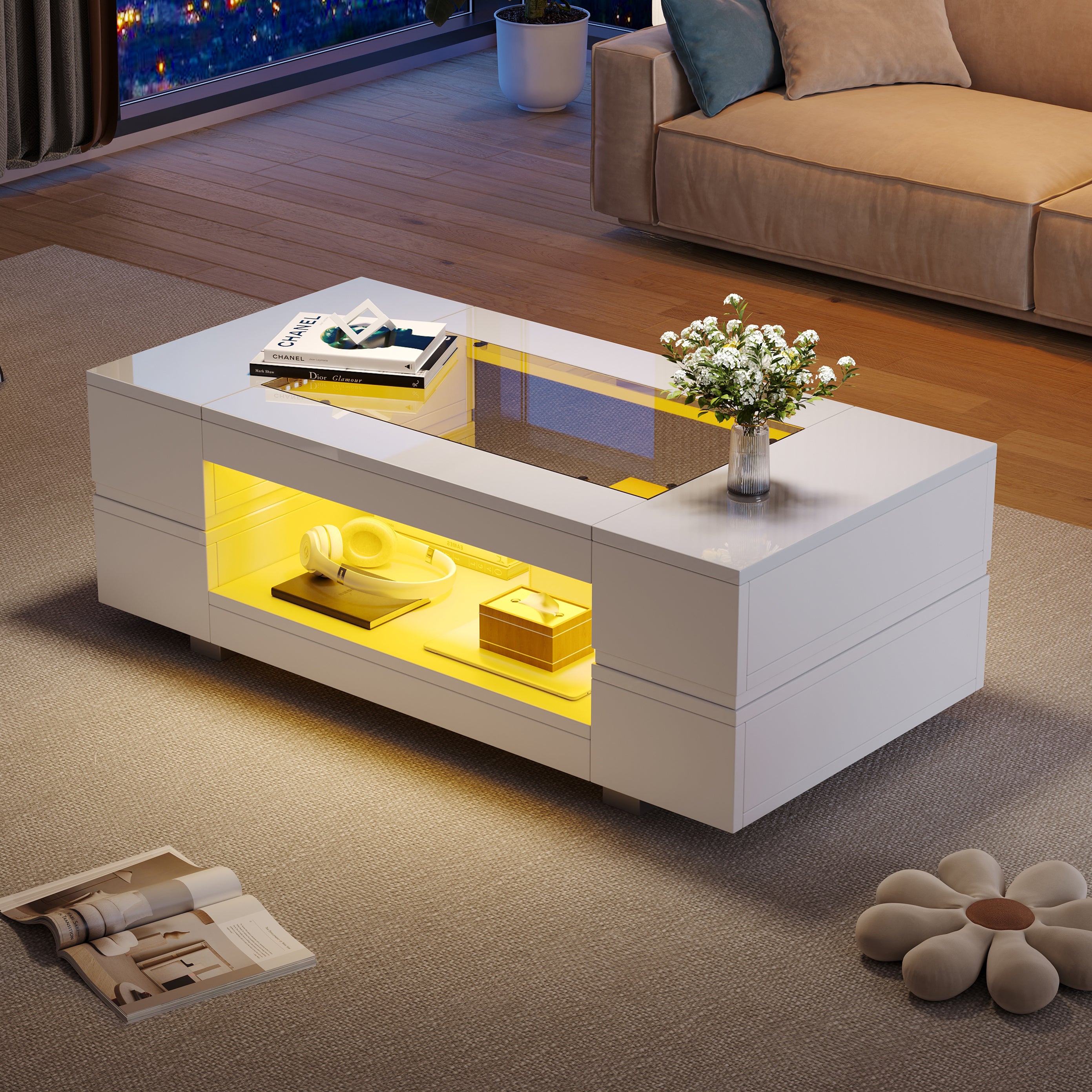 Hollow Coffee Table With Open Storage, Centre Table, Sofa Side Table With LED, High Gloss End Table With Glass Tabletop, Living Room, Office, Apartment100x50x35cm, White, MDF Glass