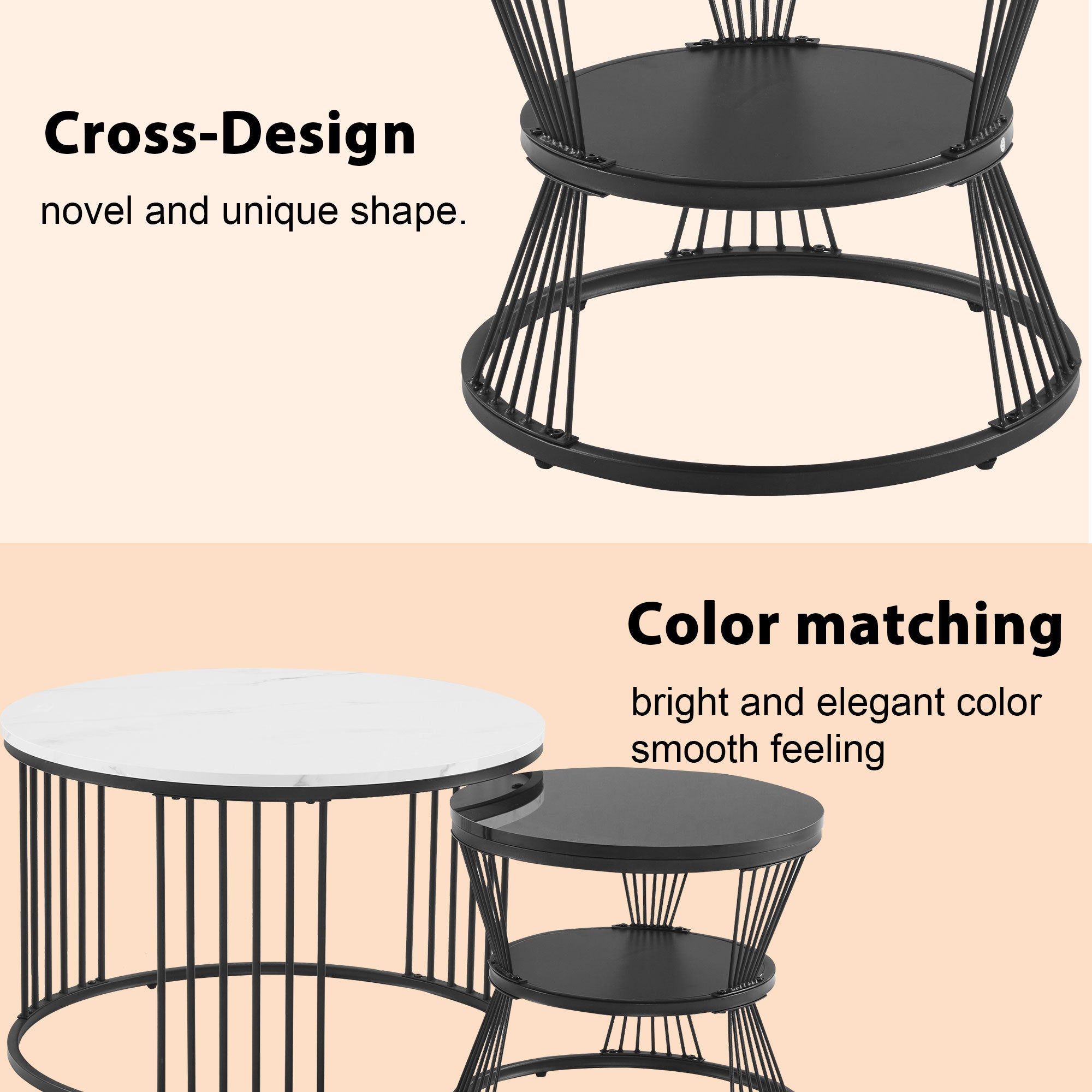 Modern Nesting Coffee Table, Coffee Table Set Marble Veneer Sofa Side Nest Of Tables Round End Tables, Set Of 2, Black Color Frame