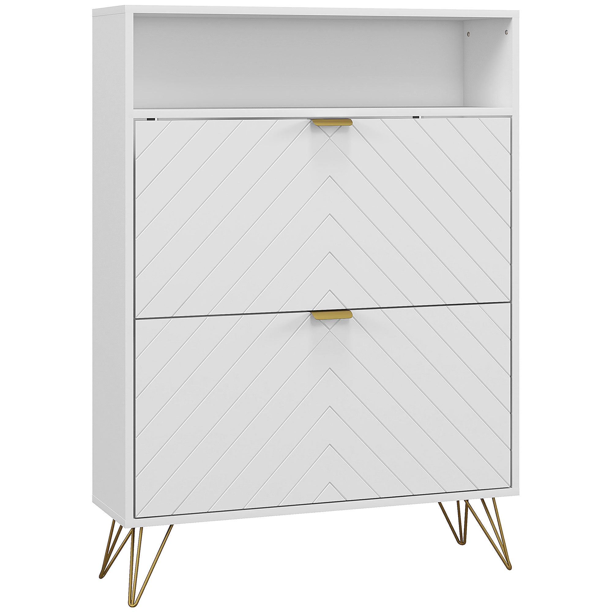 HOMCOM 12 Shoe Storage Cabinet, With Chevron Indents And Gold Tone Accents - White