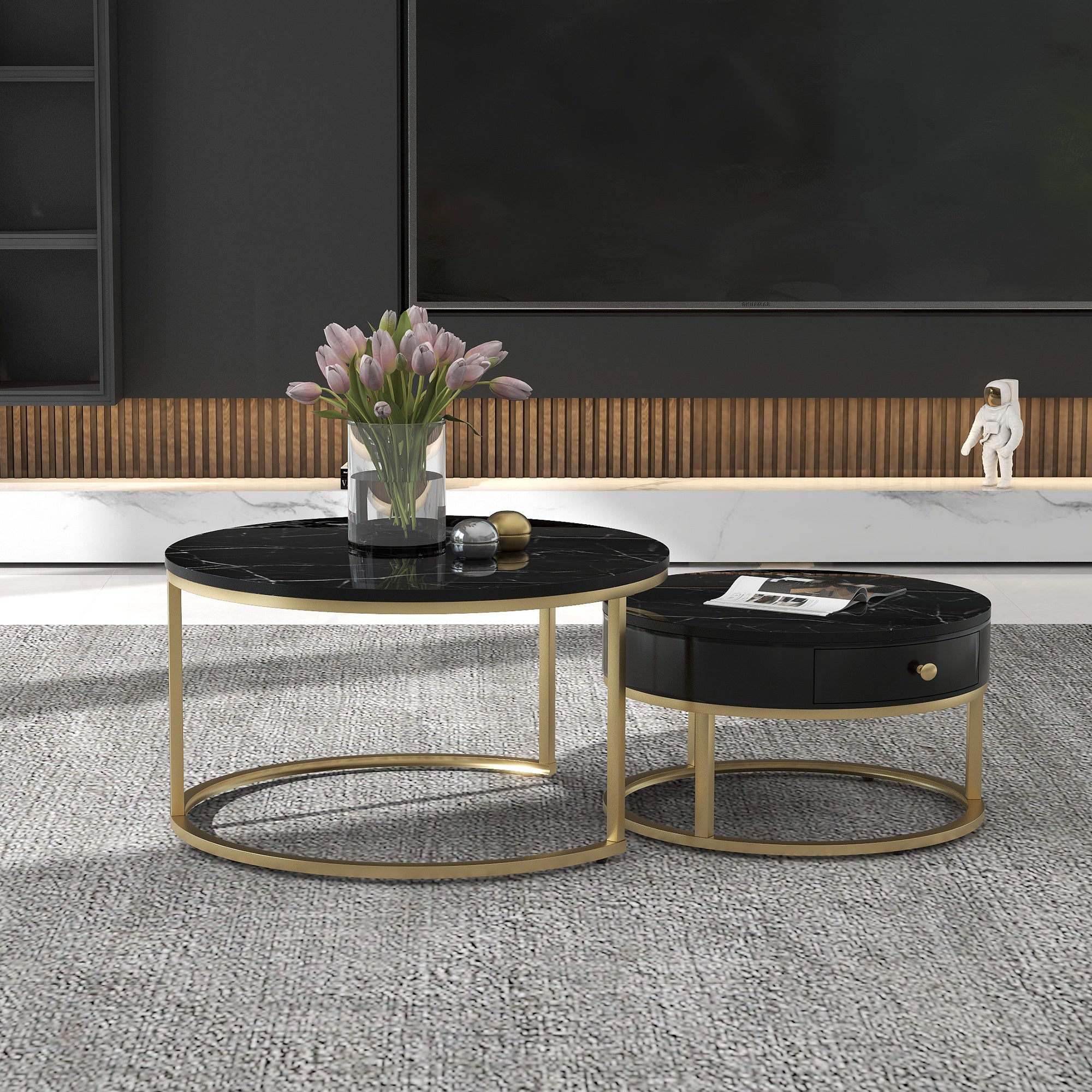 Round Coffee Tables With Drawer, Removable Set Of 2 End Table, Nesting Tables With Storage Gold Metal Frame Legs And Marble Pattern -non-rock Slab-Top For Living Room, Bedroom, Office, Balcony