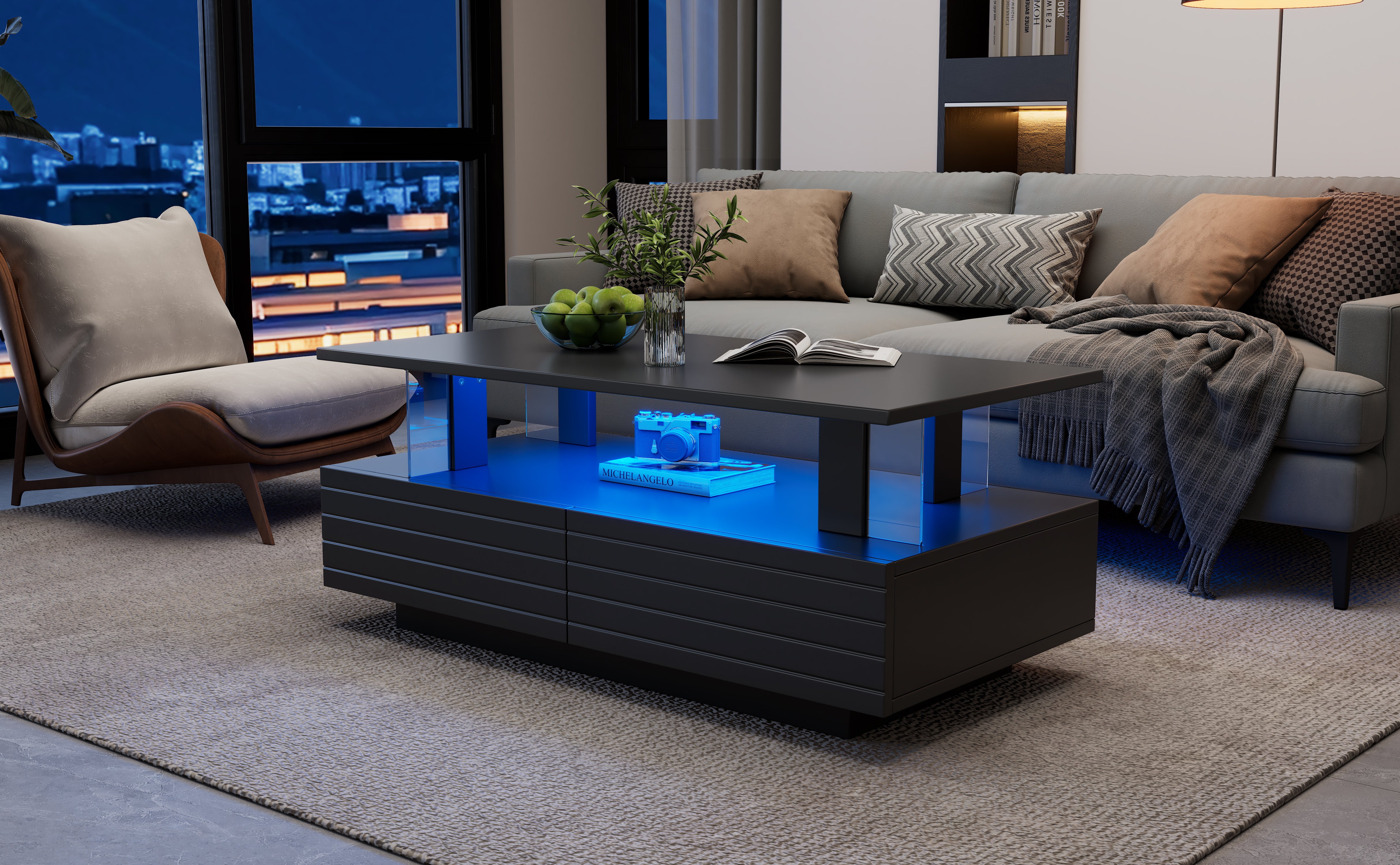 Coffee Table With Open Storage, Centre Table, Sofa Side Table With 2drawers, Rectangle Coffee End Table With LED For Living Room, Office, 100x50x42.5cm, Black,Particleboard  Acrylic