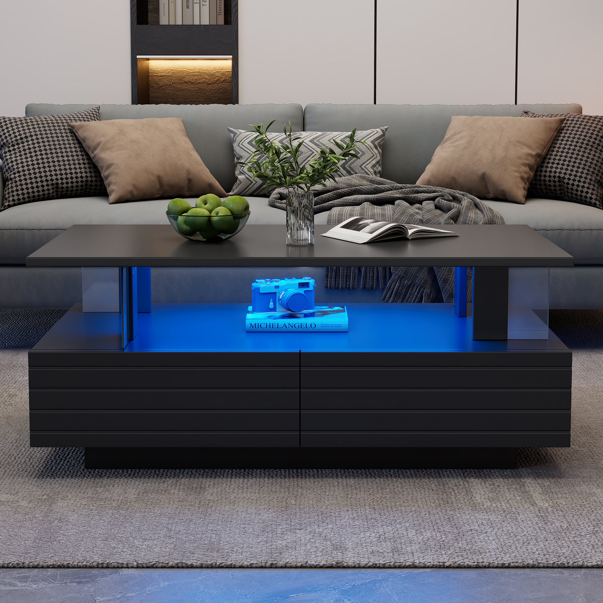 Coffee Table With Open Storage, Centre Table, Sofa Side Table With 2drawers, Rectangle Coffee End Table With LED For Living Room, Office, 100x50x42.5cm, Black,Particleboard  Acrylic