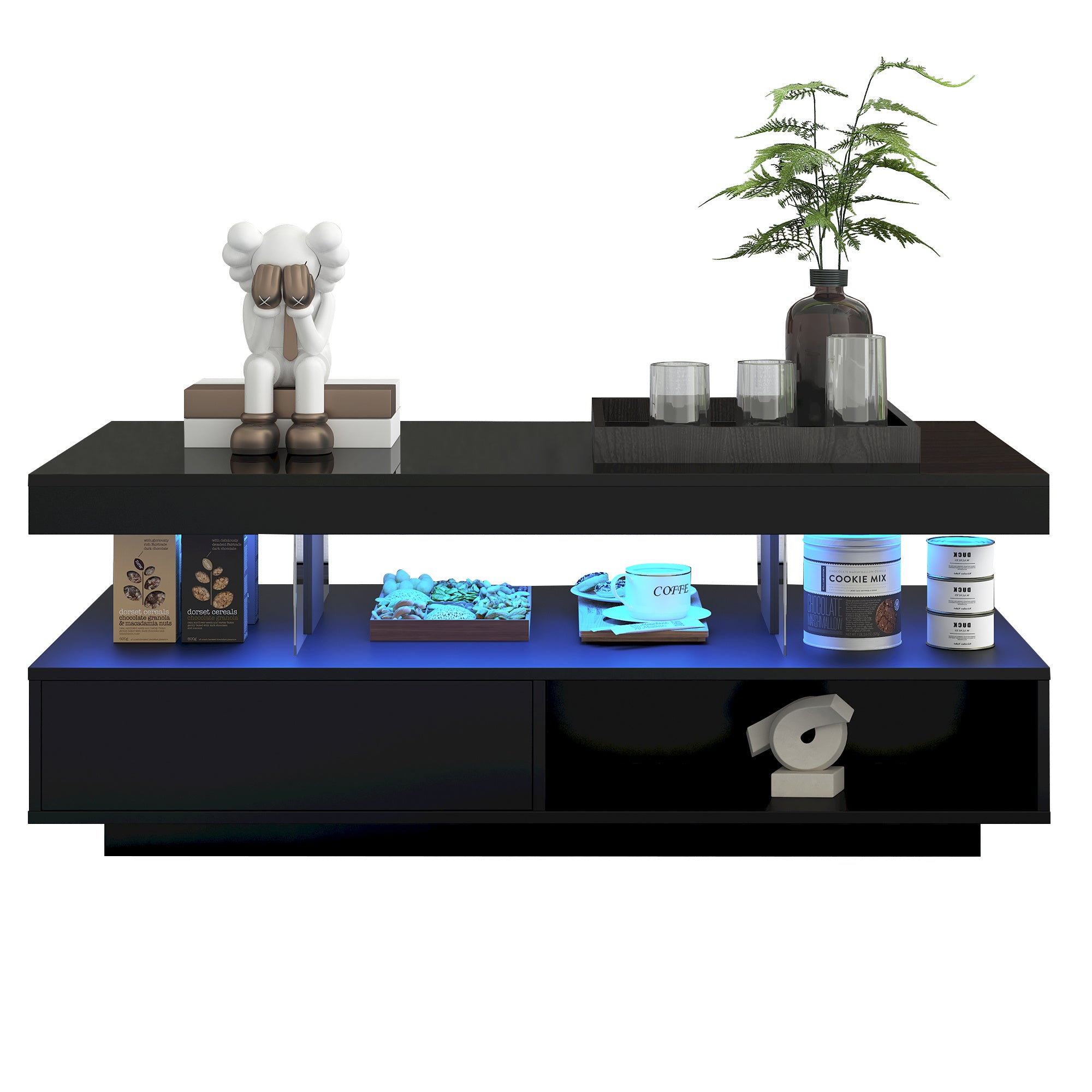High Gloss Coffee Table Tea Side End Table With LED Lights, Rectangle Console Centre Wooden Sideboard For Living Room Black, 95x50x42.5cm